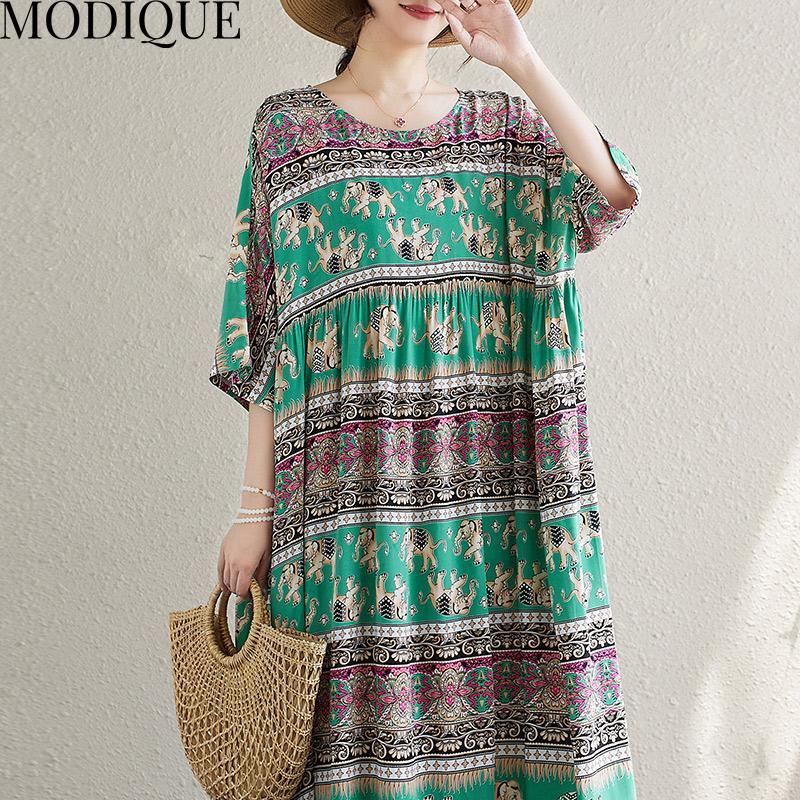 MODIQUE Sommer Übergröße Neues Kleid Hemd Damen Vintage Baumwolle Leinen Falten Kleid Drucken Lässig Damenkleider Kurzarm O-Ausschnitt Volantkleid