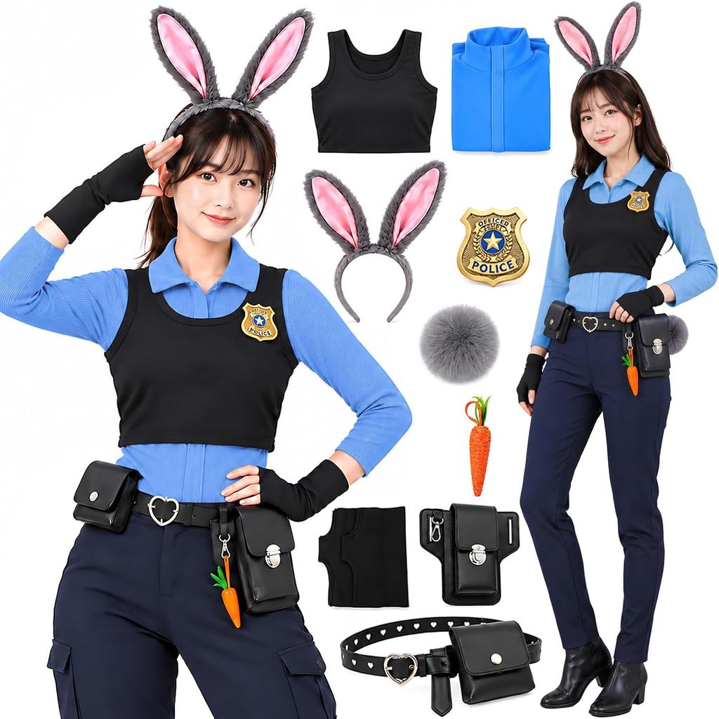 Sunaswift Rabbit Police Costume 9-Piece Set Halloween Cosplay Adult Womens Officer Outfit Animal Bunny Ears Tail Free Size Party Photography