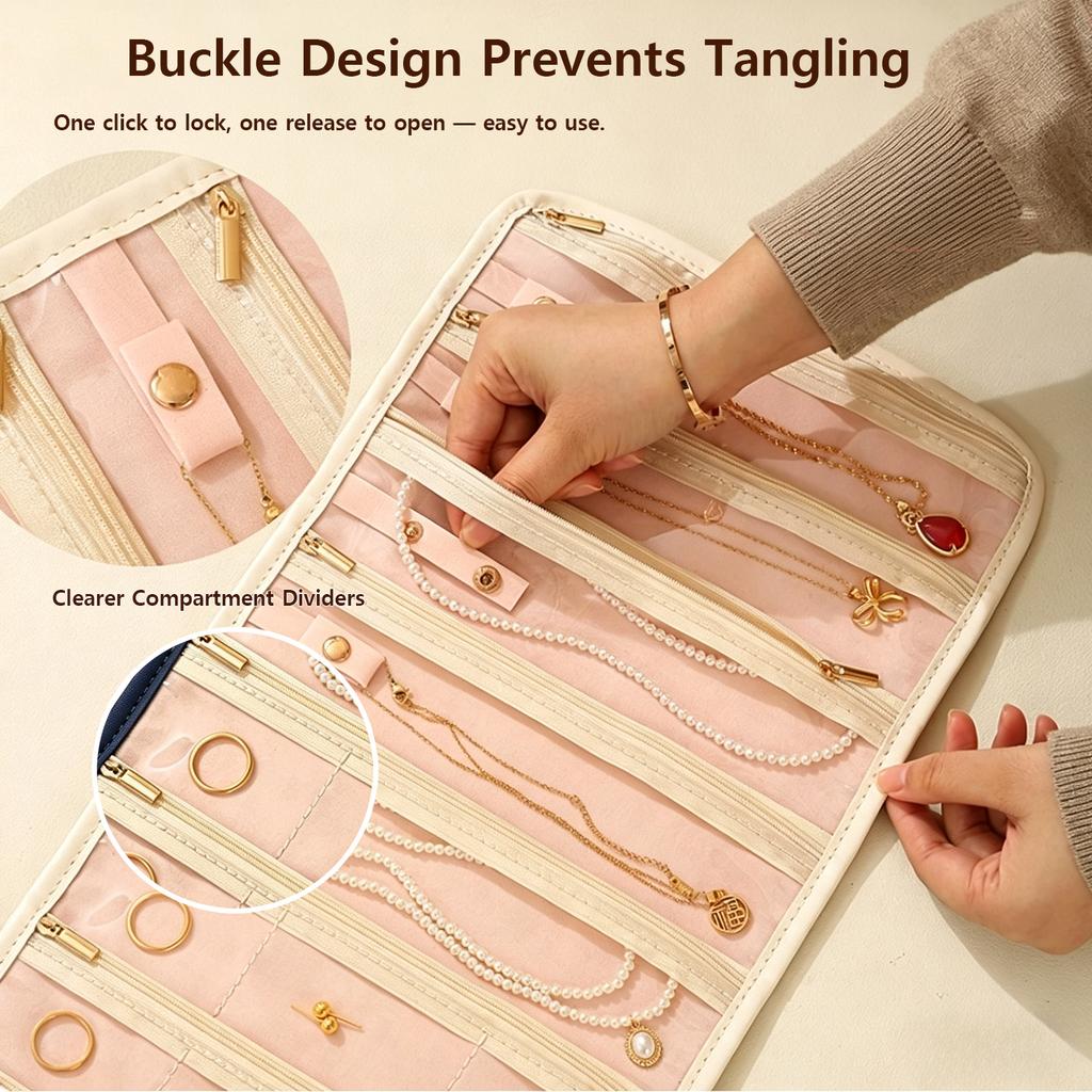 Portable Roll-Up Jewelry Organizer with Embroidered Cover, Lightweight Travel Jewelry Storage Pouch for Necklaces, Bracelets