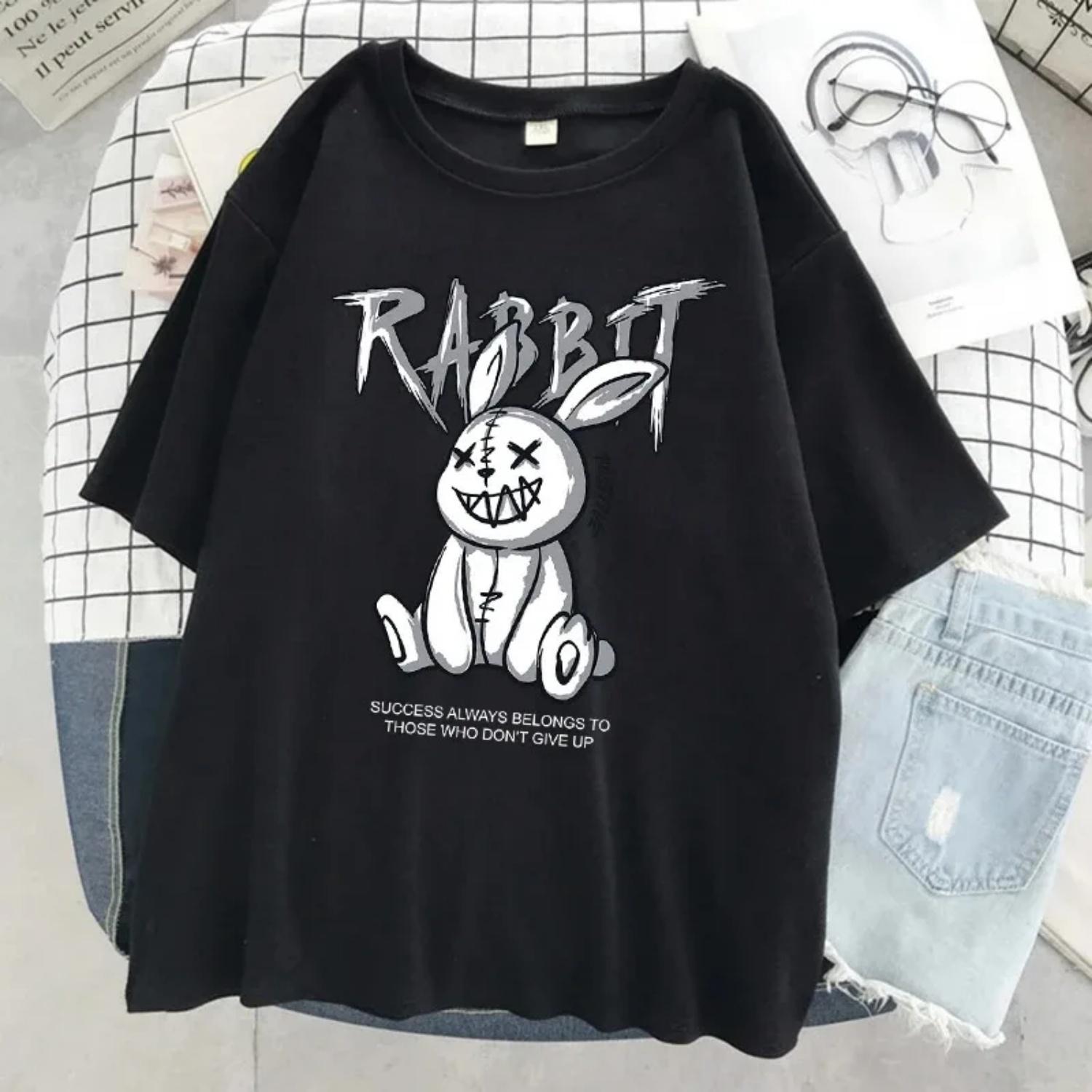

New Summer Cotton Rabbit Print Girl T shirt Casual Hip-hop Tshirt O-neck Oversized Lady Short-sleeved Top Korean Style Versatile S чёрный