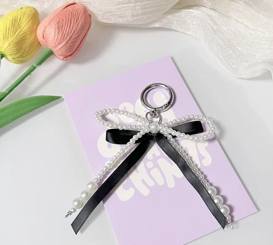 

Брелок для ключей с бисером в виде ленты со звездой, цинковый сплав, сумка Y2k, креативный брелок с жемчужным бантом, подарок white-style2