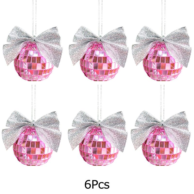 

Шесть упаковок подвесок для рождественской елки, рождественские украшения, новый зеркальный шар, праздничные украшения для вечеринок, светоотражающий бант, праздничный 6pcs розовый/серебряный