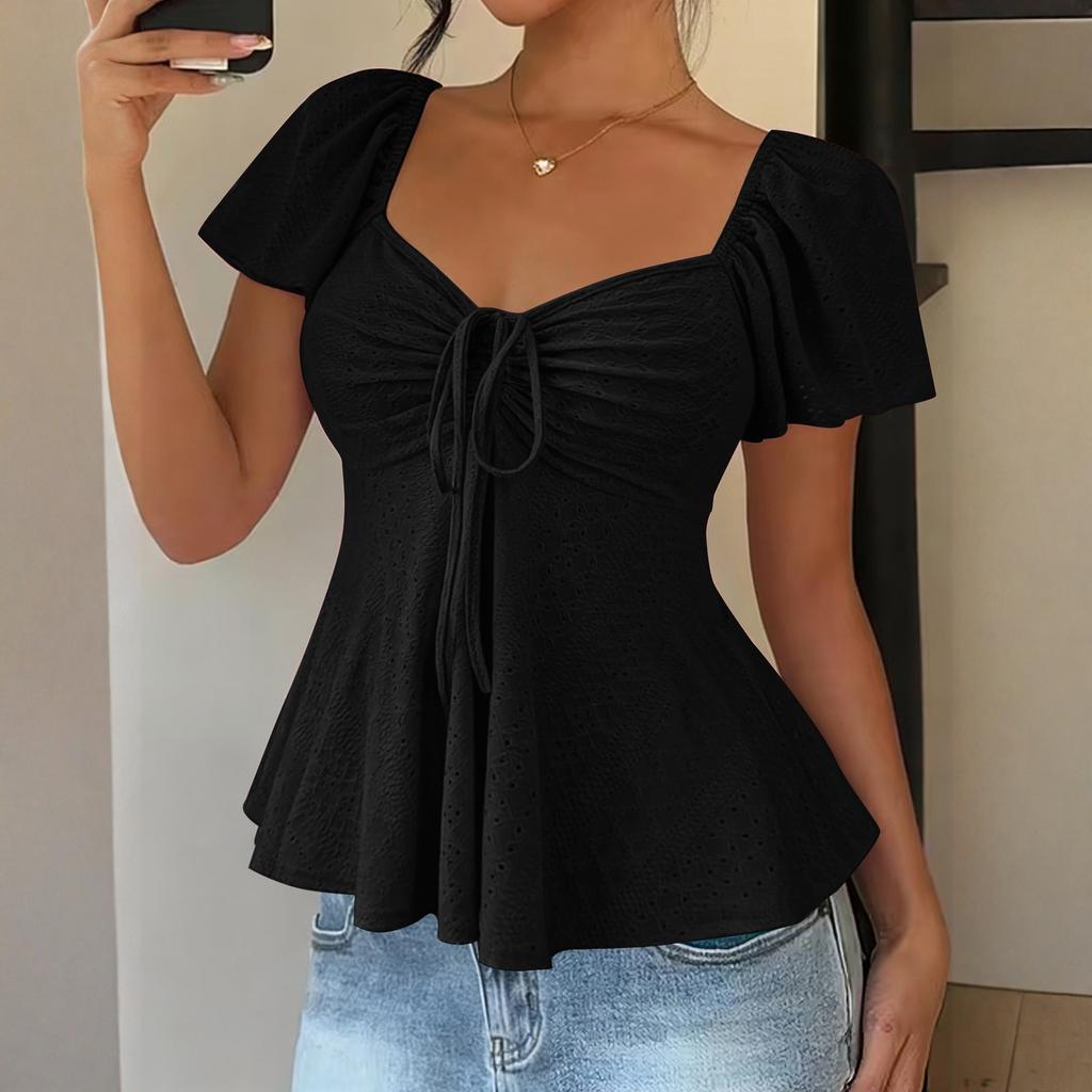 Damska Koszulka Top z Dekoltem V, Sznurkiem do Wiązania, Seksowna, Krótki Rękaw