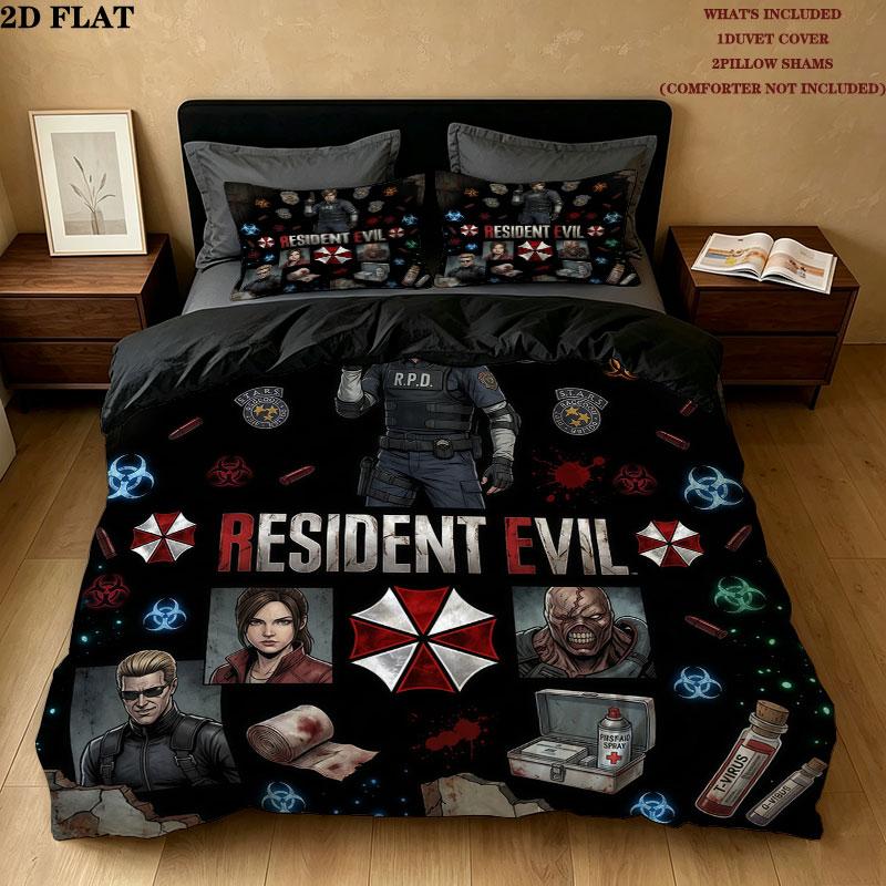 Resident Evil Pattern Bedding Quilt Set Quilt Cover Pillowcase Home Birthday Gift(1 * duvet cover + 2 * pillowcase, without core)