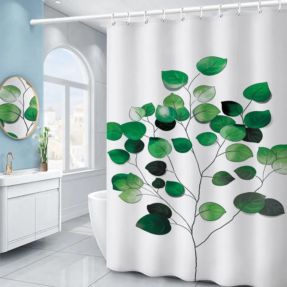 Purple Hydrangea Flower White Shower Curtain Landscape 3D Green Plant Waterproof Polyester Bathroom Curtains Bath Screen Decor