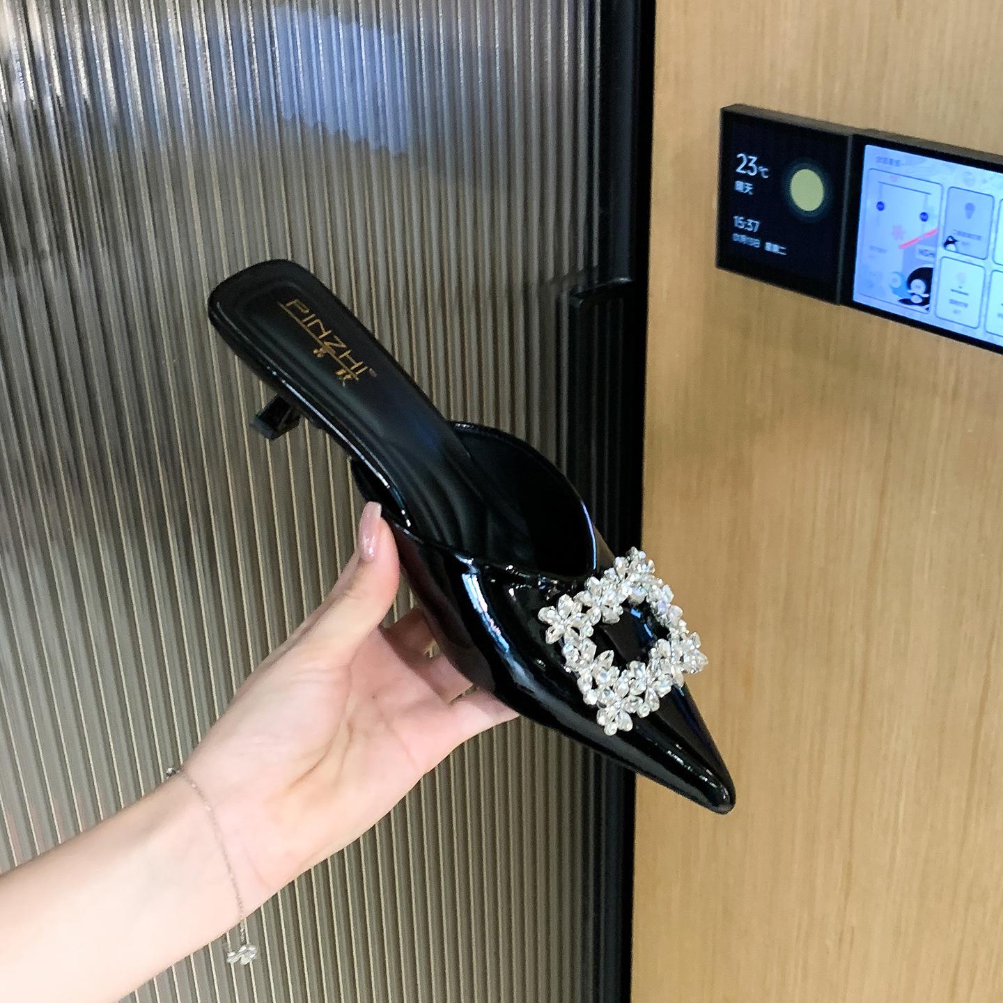 

Baotou Women s Summer High-Heel Stiletto Rhinestone Pointed-Toe Mules F45-B22 35