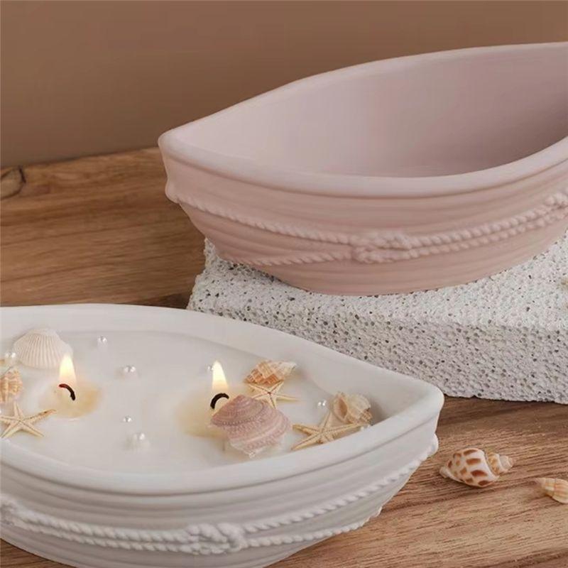 AEE4-Candle Vessel Silicone Mold Oval Bowl Candle Boat Jar Molds Rope Pattern Epoxy Resin Storage Tray Plaster Mould