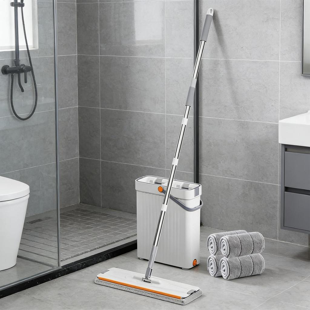 Cleaning Mop Bucket Set Wet And Dry Household Cleaner Tool With 4 Microfibre Pads Hands-Free Flat Floor Mop And Bucket For