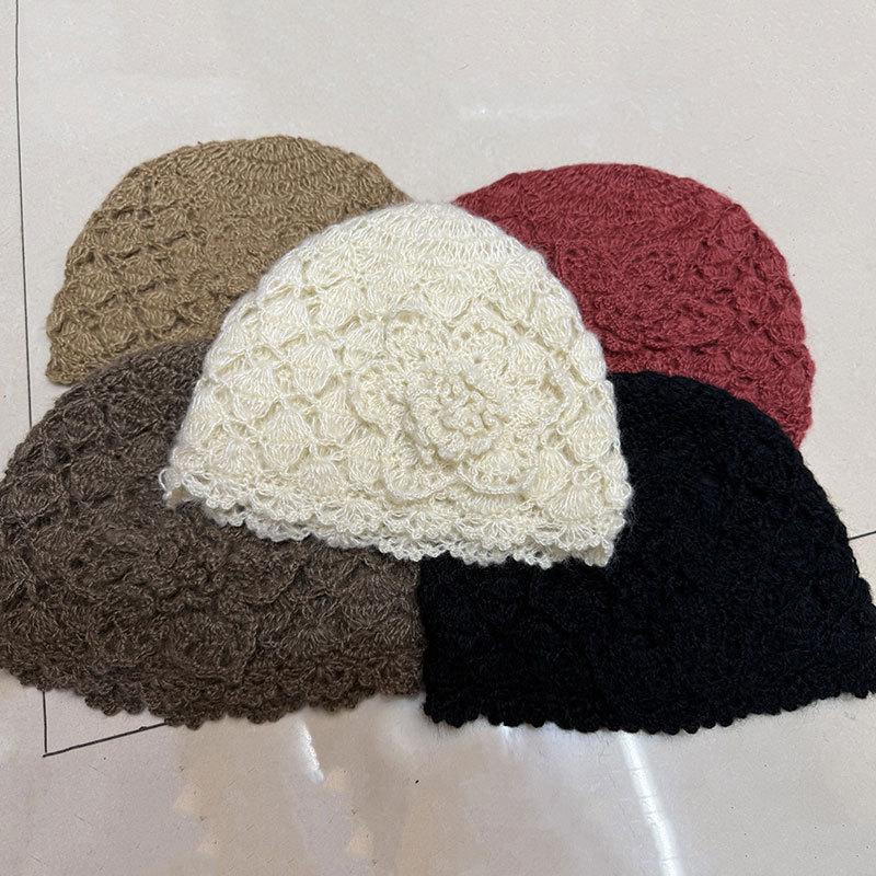 Autumn and winter double-layer handmade crochet three-dimensional flower versatile warm mohair headgear fashion woven hat women