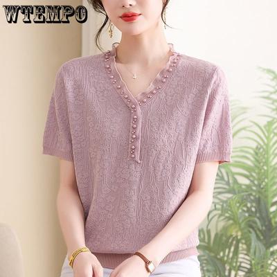 Lockeres Strick-T-Shirt aus Eisseide für Damen Sommerdesign Stilvoller neuer dünner Stil Kurzarm-Top