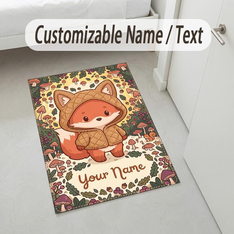 Autumn Fox Theme Soft Crystal Velvet Rug Custom Name & Text Print Non Slip Floor Rug for Bedroom Living Room