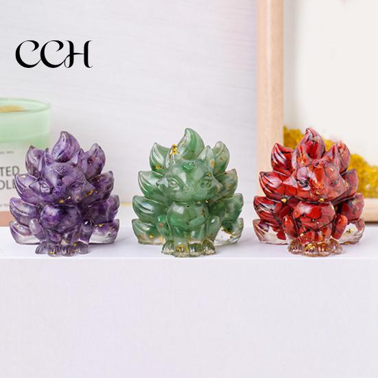 Nine-tailed Fox Ornament Natural Stone Foxes Figurine Positive Healing Energy Hand-carved Colorful Faux Collectible Toy Crystal Sitting Animal Statue