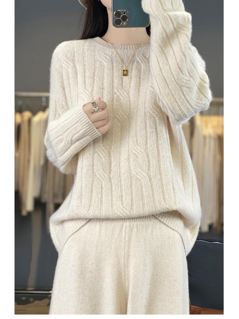 2025 Autumn/Winter Pure Wool Cable Knit Set: Round Neck Sweater & Sequin High-Waist Wide-Leg Pants