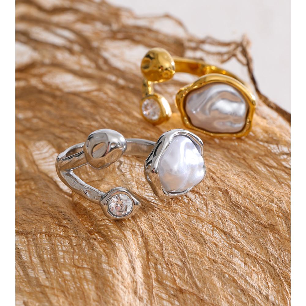 Yhpup Size 8 Stylish Unique Simulated Pearls Zirconia Finger Ring Gold & Platinum Plated Stainless Steel Geometry Retro Jewelry