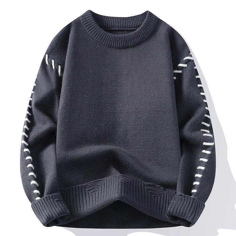 Men's Contrast Stitch Round Neck Sweater, Loose Knitted Pullover for Autumn-Winter 2024
