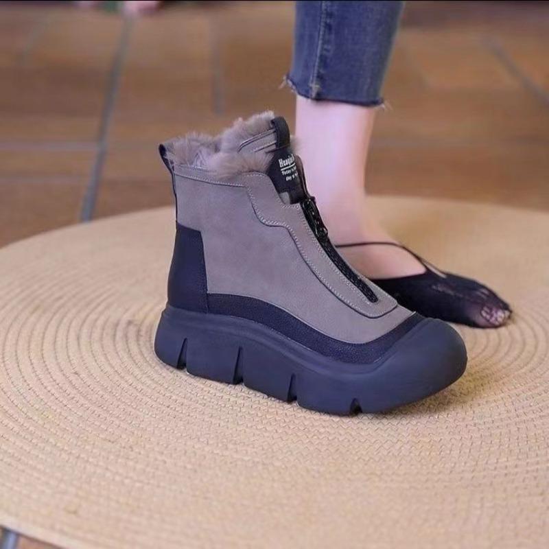 Zipper snow boots women's autumn and winter new velvet warm leather boots fashion casual thick-soled cotton boots soft-soled women's shoes