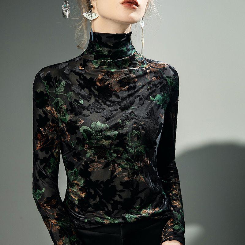 Women Clothing Vintage Elegant Flower Flocking High Collar Basic T-shirt Autumn Winter Sexy Mesh Long Sleeve Slim Pullover Tops