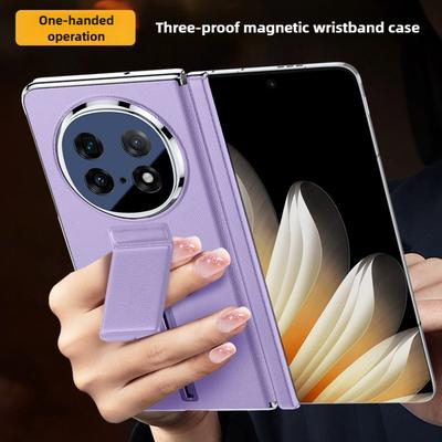 Leather Foldable Phone Case for OPPO Find N5 5G Magnetic Wrist Strap Stand Kickstand Back Cover With Protection Film