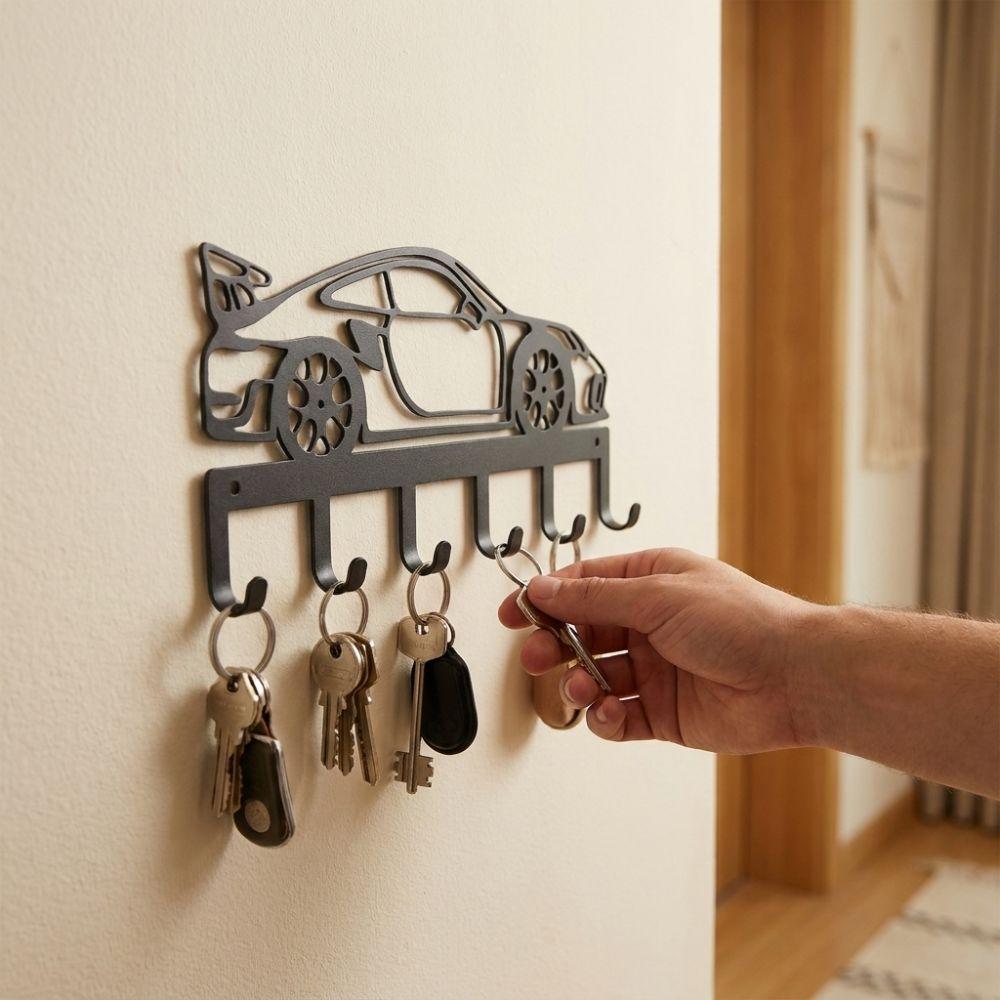 Sturdy 6 Hooks Metal Car Key Holder Black Minimal Cutout Race Car Hook Mens Home Decor