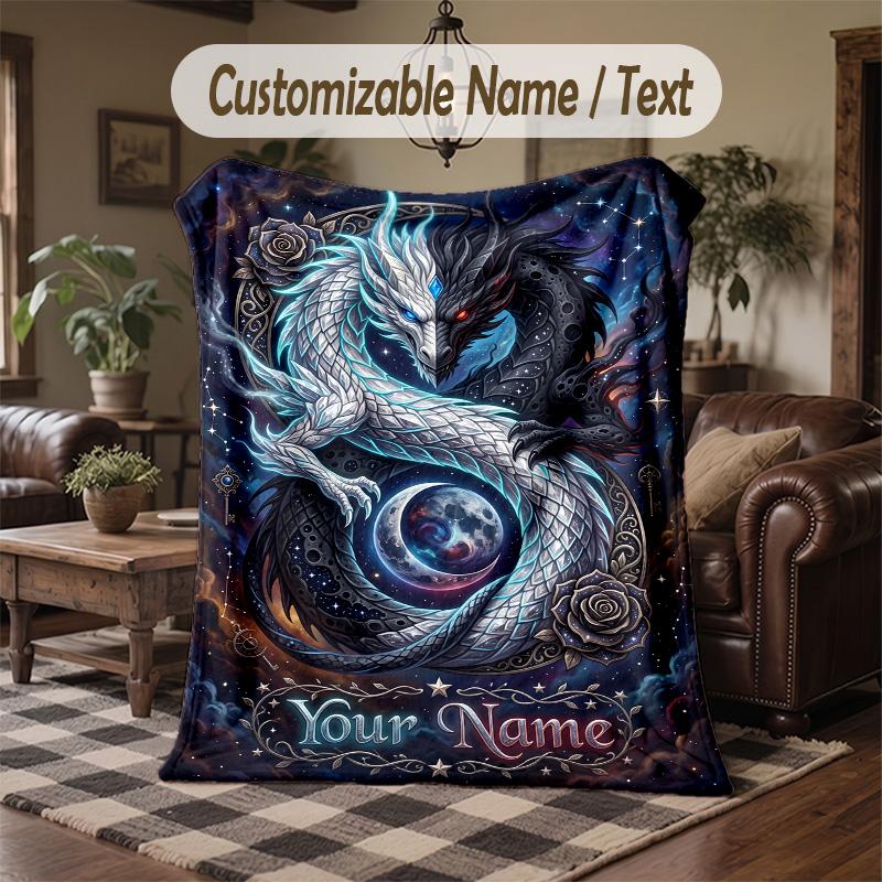 Ethereal Dragon Moonlight Theme Throw Blanket Custom Name Text Personalized Blanket Soft Cozy Blanket for Home Sofa Bed