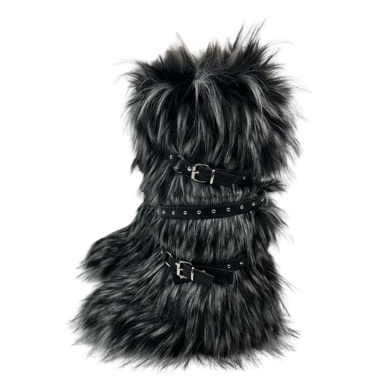 Y2K Spice Girls Sexy Tall Snow Boots New Cross Belt Buckle Fur Fluffy Boots