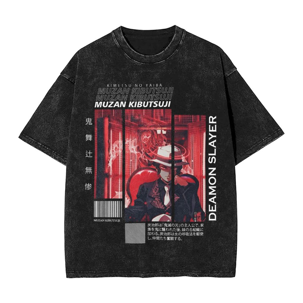 

Demon Slayer Anime T Shirt Kibutsuji Muzan Graphic Washed Tee Men Casual Cotton T-shirts Harajuku Manga Vintage Tshirt S