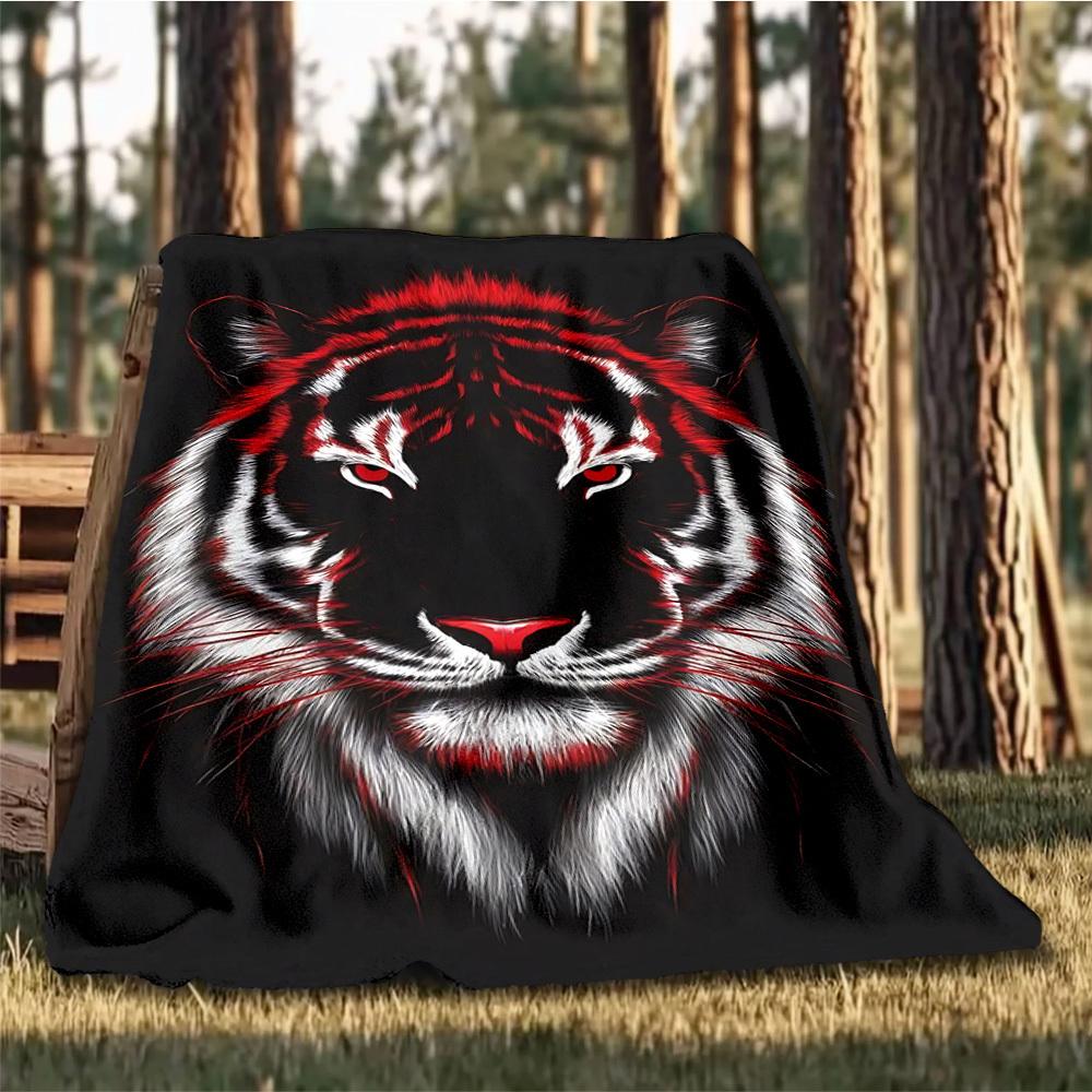 1pc Tiger Face Outdoor Flannel Blanket, Cozy & Warm Soft Te Playful Design, Napping Camping,