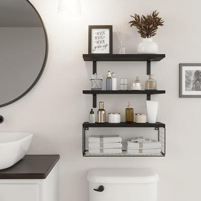 3 pièces Étagère Flottante avec Panier de Rangement, Porte-Papier Toilette, Étagère de Rangement Murale, Étagère de Rangement en Bois Rustique, , Rangement et Organisation