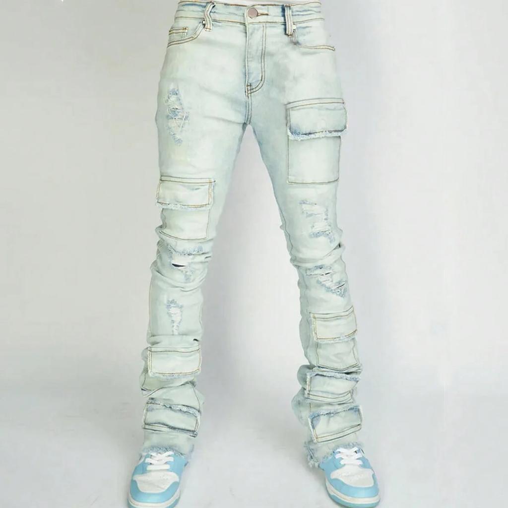 DRIPX Jeans Uomo Pantaloni Lunghi Pantaloni a Zampa di Elefante in Denim Pantaloni Dritti con Strappi Vestibilità Slim Vita Alta Casual Tasca con Bottone Cuciture Autunno Inverno