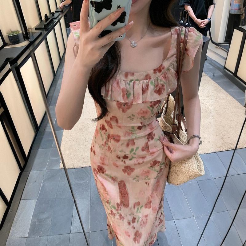 Holiday Style Summer New French Sweet Sleeveless Floral Temperament Waist and Thin Print Dress