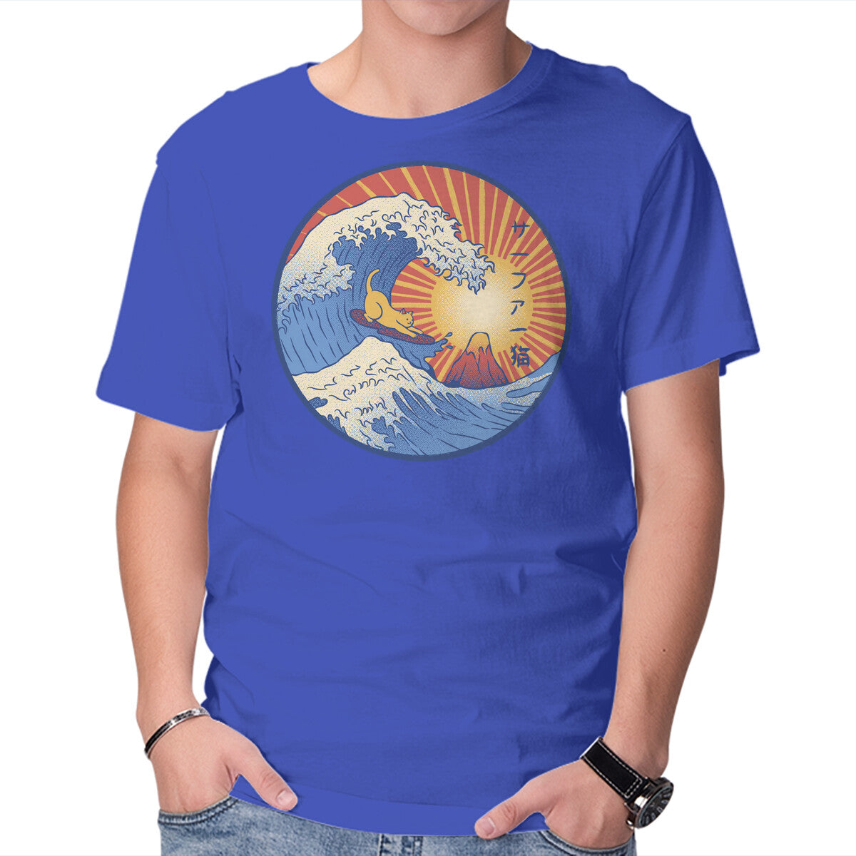 Unisex Crew Neck T-Shirt Kanagawa Wave Surfing Cat Graphic Short Sleeve Casual Tee M