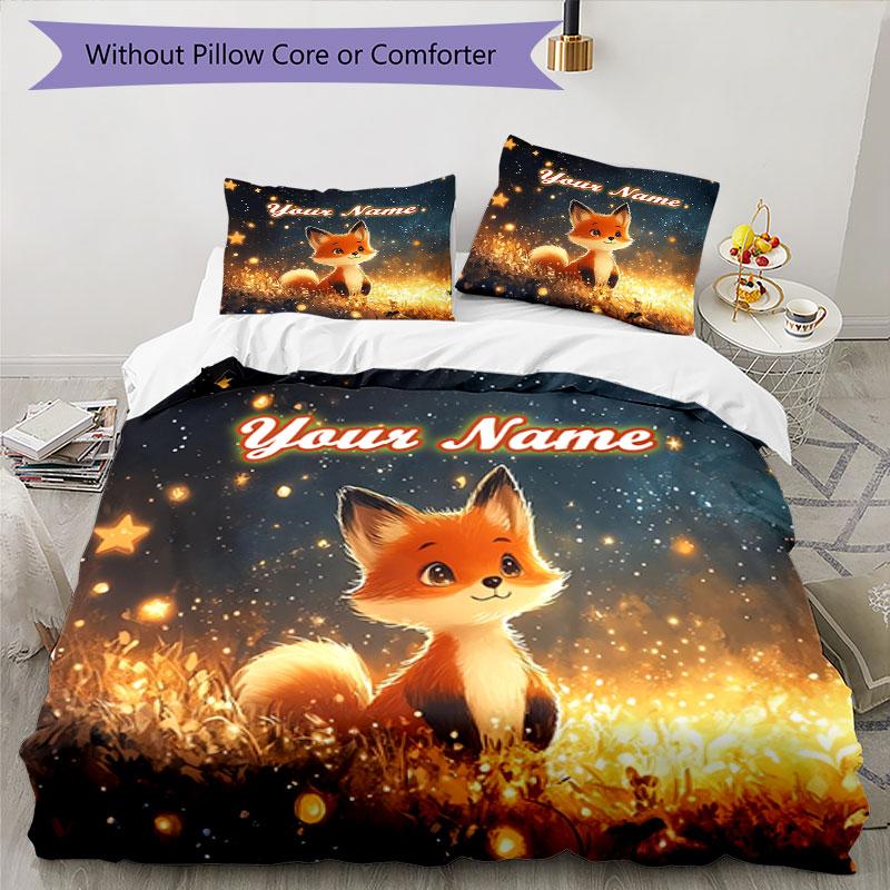 3PC Custom Name Fox Starry Field Bedding Set Duvet Cover Closure Includes 1 Duvet Cover & 2 Pillowcases for Bedroom