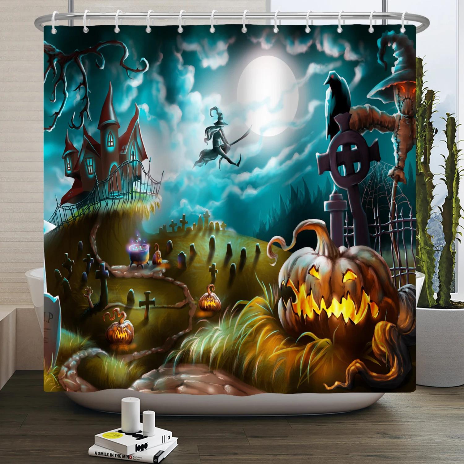 

Halloween Shower Curtain Funny Horror Pumpkin Bat Cartoon Cat Happy Halloween Bathroom Curtain for Kids Waterproof Bath Curtain W90xH180cm