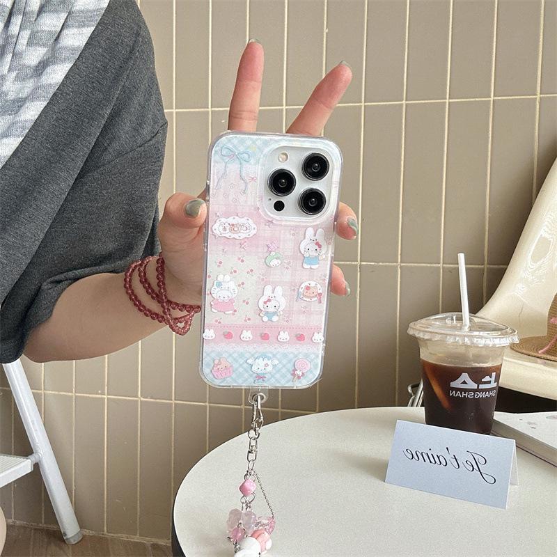 Cherry Blossom Rabbit Plaid iPhone Case for 13/14/15/16 Pro Max - Japanese Korean Style