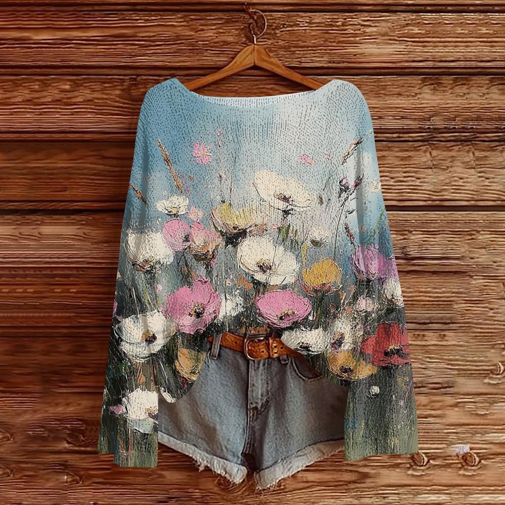 Women's Round Neck Lightweight Sweater Casual Long Sleeve Knit Pullover