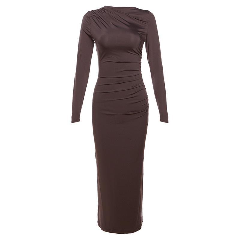 New Women's Round Neck Long Sleeved Bodycon Dresses Tight Casual Solid Color Wrap Long Dress Clothing