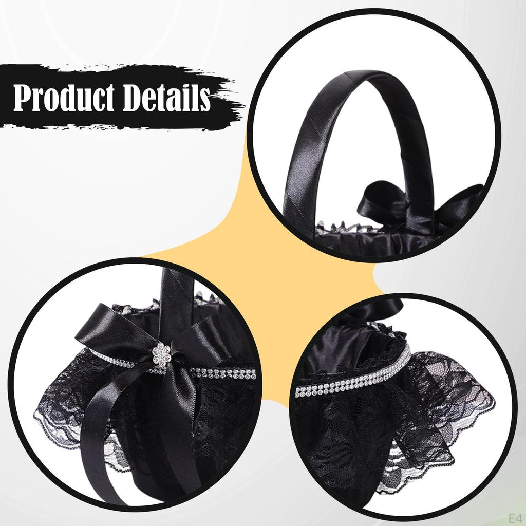 Bröllopsblomsterflickekorg Svart Tyg och Spets Lättviktig Brudaccessoar Förvaring Elegant