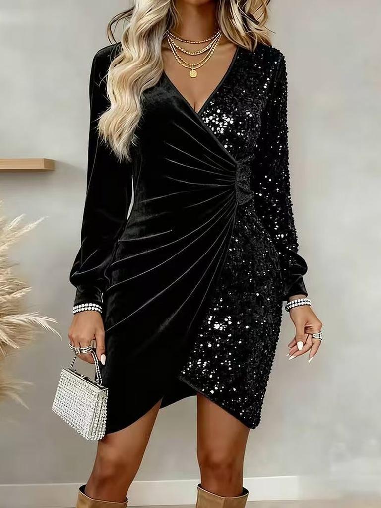 Neues Sexy Mode V-Ausschnitt Glitzer Seide Raffung Schmal Geschnitten Damenkleid