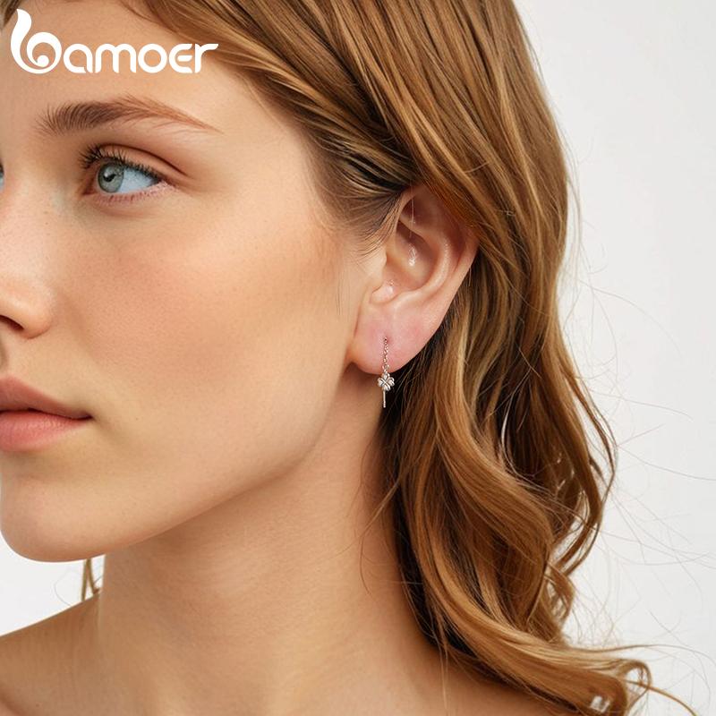 BAMOER 925 Sterling Silver Snowflake Droplet Dangle Earrings for Women Teens Elegant Long Dangling Earrings Threader Tassel