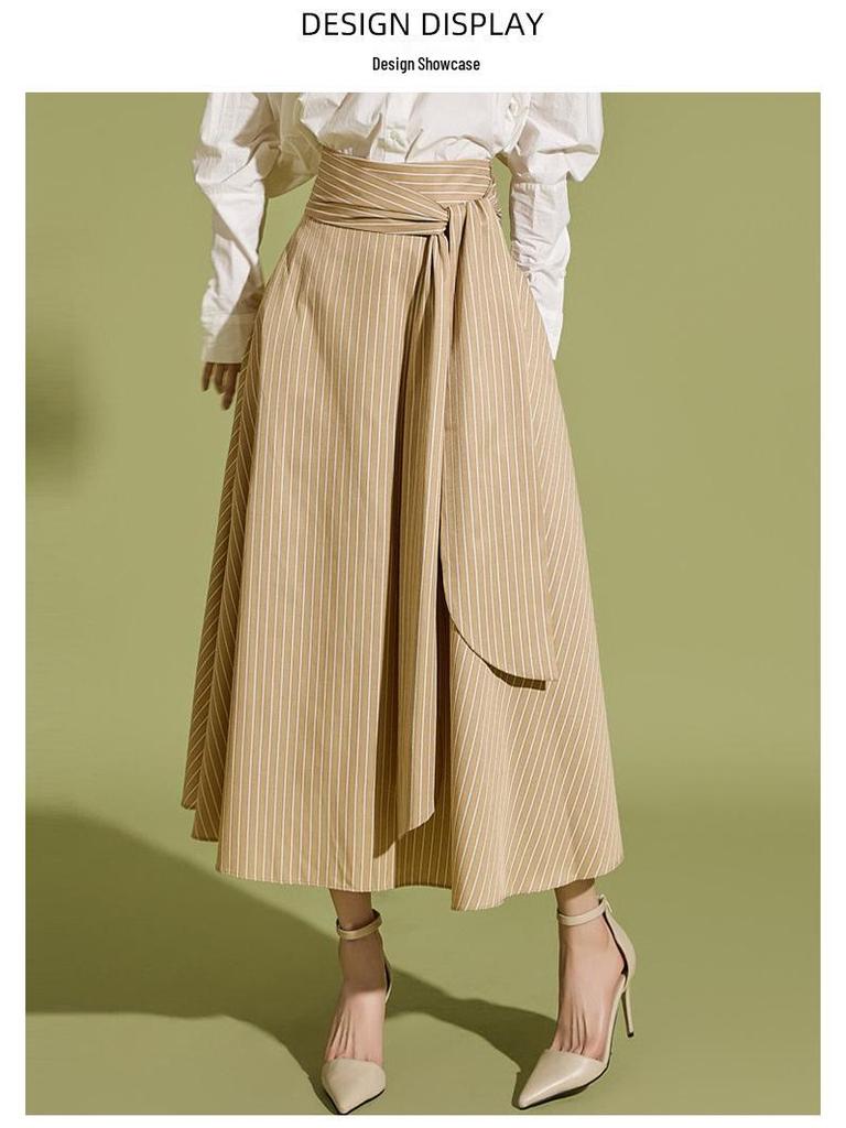 Women's Striped Irregular Midi Skirt, 2025 Spring/Autumn Collection, High Waist Tie A-Line.