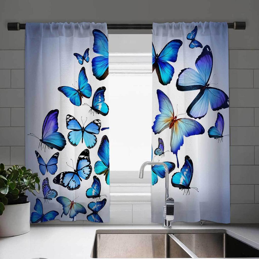 Elegant Butterfly And Floral Print Curtains for Kitchen Living Room Bedroom Decor Vintage Style Window Treatment 2pcs Cortinas