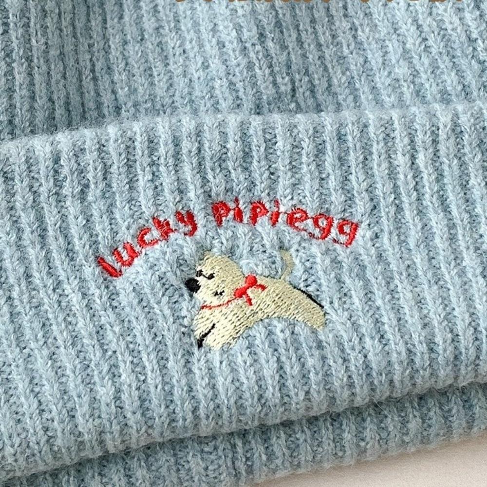 Puppy Embroidery Winter Knitted Hat Winter Warm Crochet Bonnet Hat Cute Beanie Cap