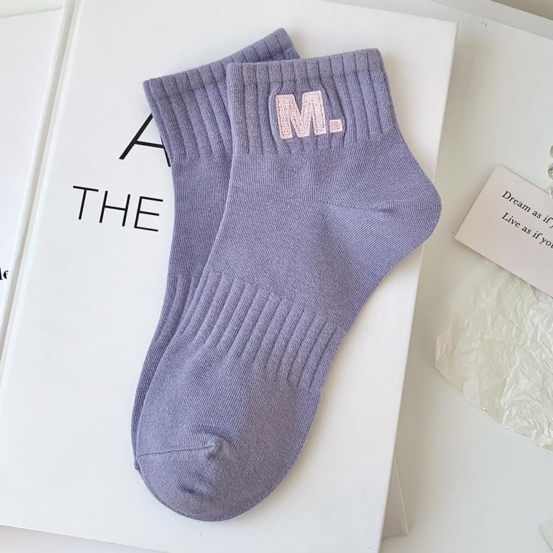Women's Spring and Summer Short Socks, Solid-colored Cotton Socks, Embroidered Candy-colored Sports Socks, Thin Boat Socks