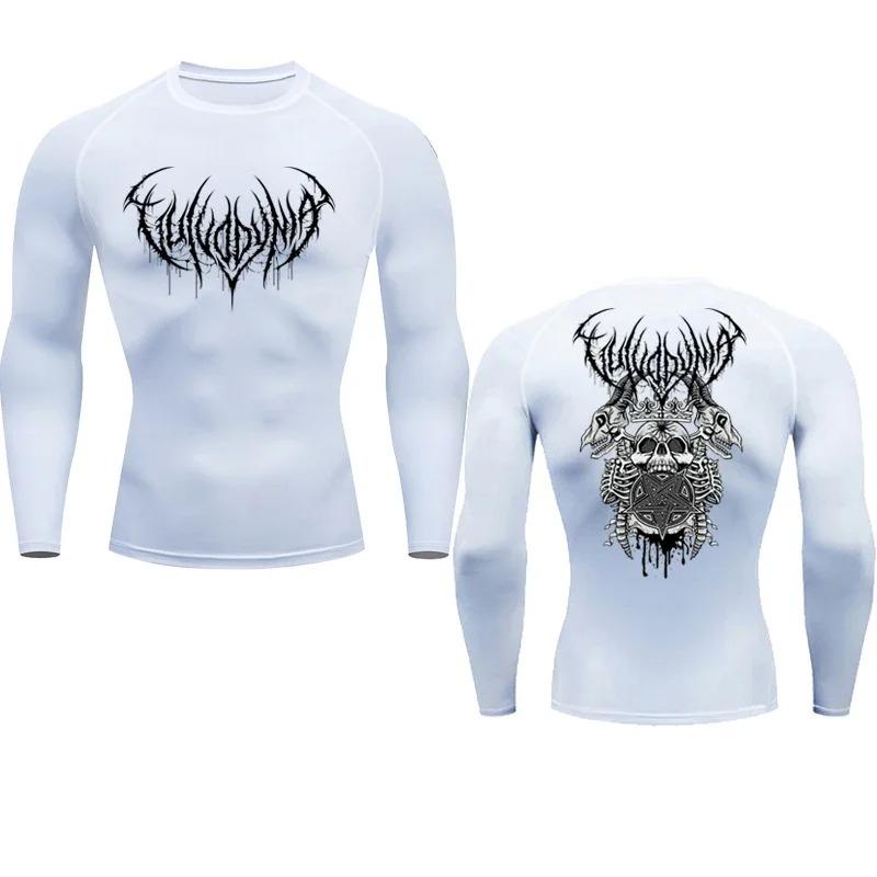 Crânio masculino impresso camisa de compressão, correndo t-shirt, ginásio esportes, secagem rápida, secagem rápida, na moda