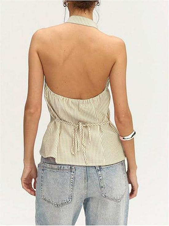 European & American Women's Asymmetrical Hem Striped Front-Tie Strapless Backless Tank Top