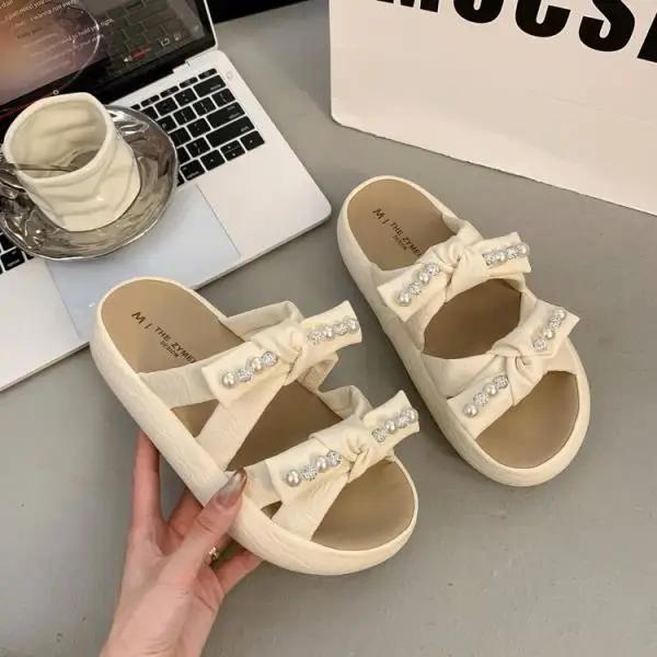 Shoes House Slippers Platform Slides Fashion String Bead Slipers Women Butterfly-Knot Flat Luxury Summer Soft 2025  String Bead