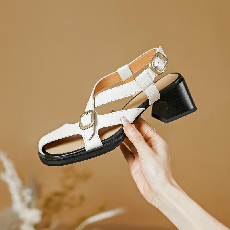 2024 Summer Retro Women Sandals Square Heels Genuine Leather Quality Pumps Leisure Style Party Office Lady Ladies Shoes Woman