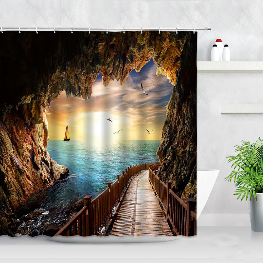 Tropical Landscape Shower Curtain 3D Open Window Ocean Beach Starfish Shell Palm Tree Scenery Waterproof Bathroom Decor Curtains
