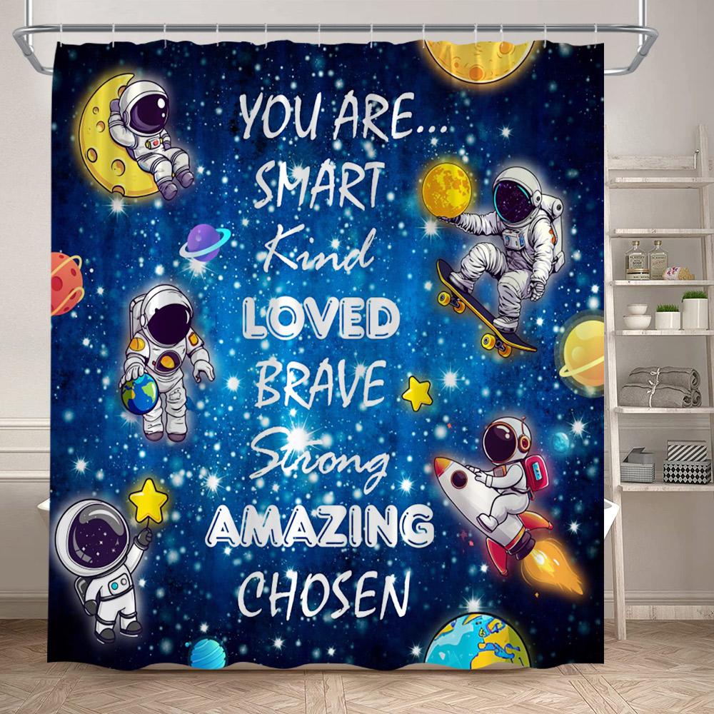 Kids Outer Space Funny Shower Curtains Astronaut Quotes Cartoon Galaxy Planets Child Cute Rocket Art Printed Home Bathroom Decor