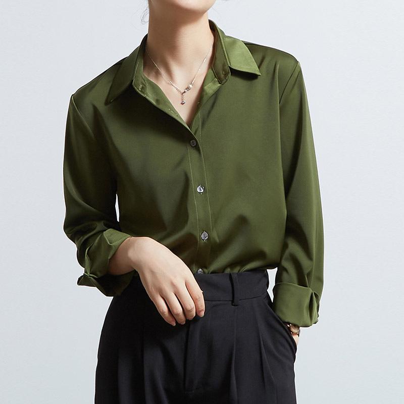 Women's Acetate Satin Long Sleeve Shirt - 2025 Spring & Autumn Petite Collection, French-Inspired High-End Design